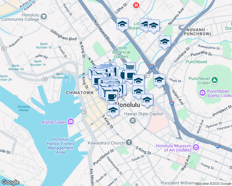 map of restaurants, bars, coffee shops, grocery stores, and more near 15 South Beretania Street in Honolulu