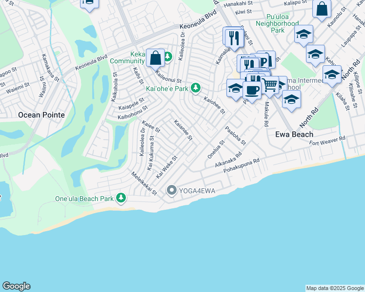 map of restaurants, bars, coffee shops, grocery stores, and more near 91-1022 Kai Weke Street in Ewa Beach