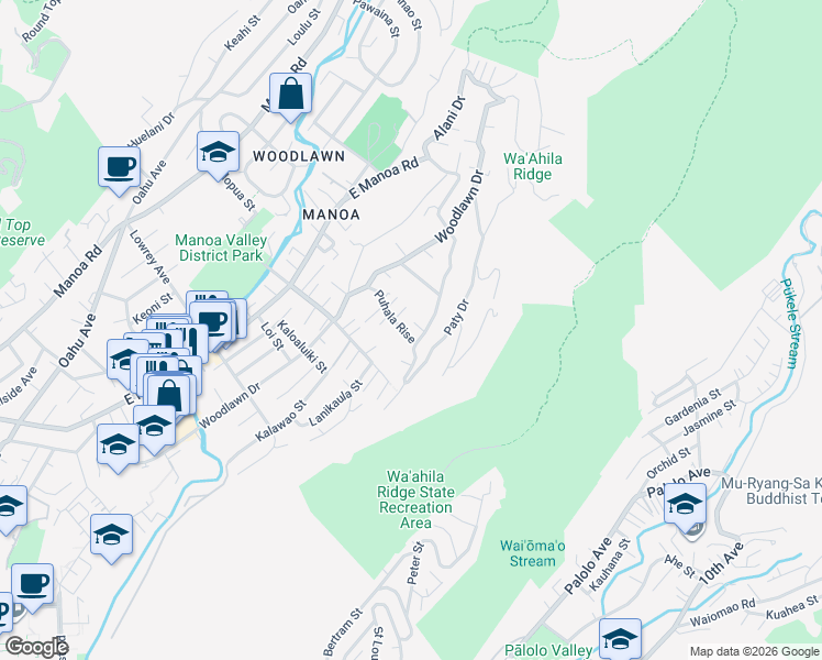 map of restaurants, bars, coffee shops, grocery stores, and more near 3054 Puhala Rise in Honolulu