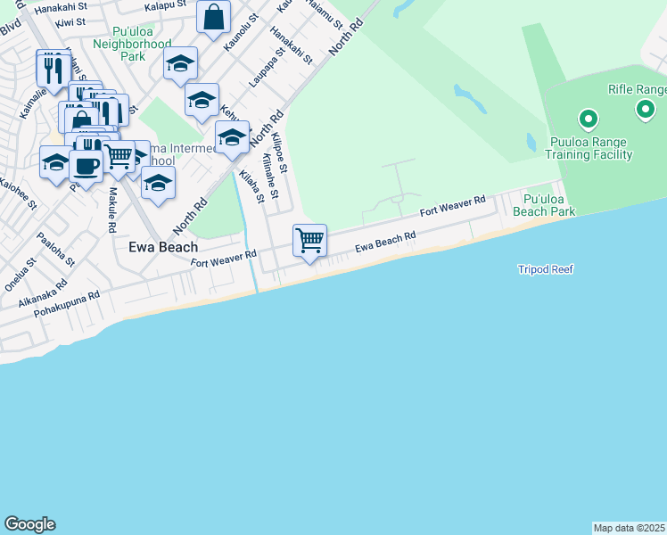 map of restaurants, bars, coffee shops, grocery stores, and more near 91-419A Ewa Beach Road in Ewa Beach