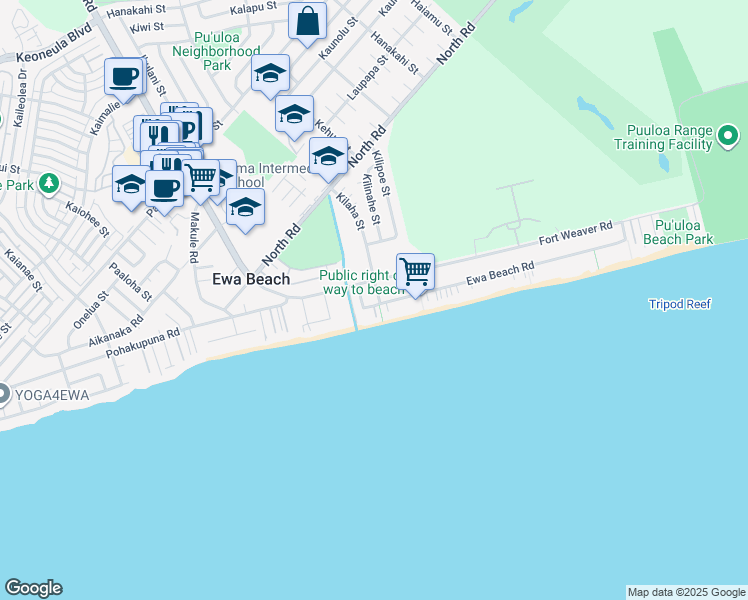 map of restaurants, bars, coffee shops, grocery stores, and more near 91-525 Fort Weaver Road in Ewa Beach
