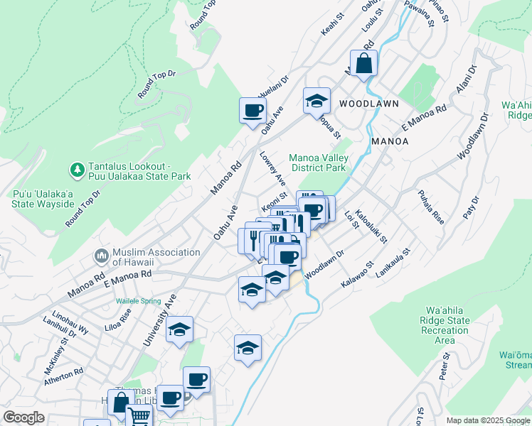 map of restaurants, bars, coffee shops, grocery stores, and more near 2617 Huapala Street in Honolulu