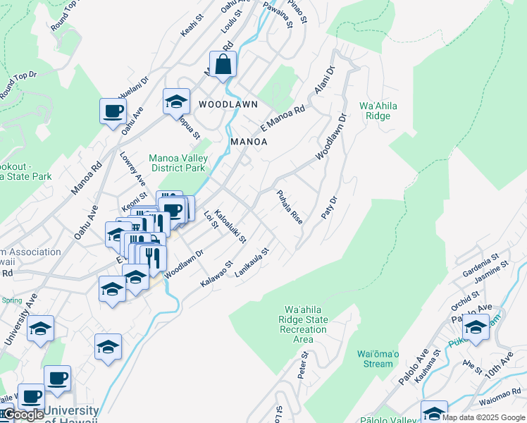 map of restaurants, bars, coffee shops, grocery stores, and more near 3012 Kahaloa Drive in Honolulu