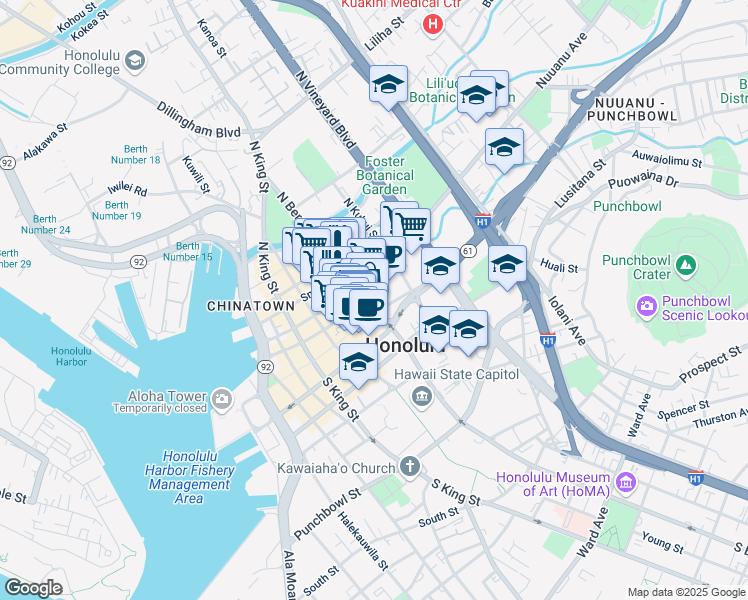 map of restaurants, bars, coffee shops, grocery stores, and more near 15 South Beretania Street in Honolulu