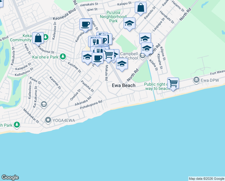 map of restaurants, bars, coffee shops, grocery stores, and more near 91-820 Moneha Place in Ewa Beach