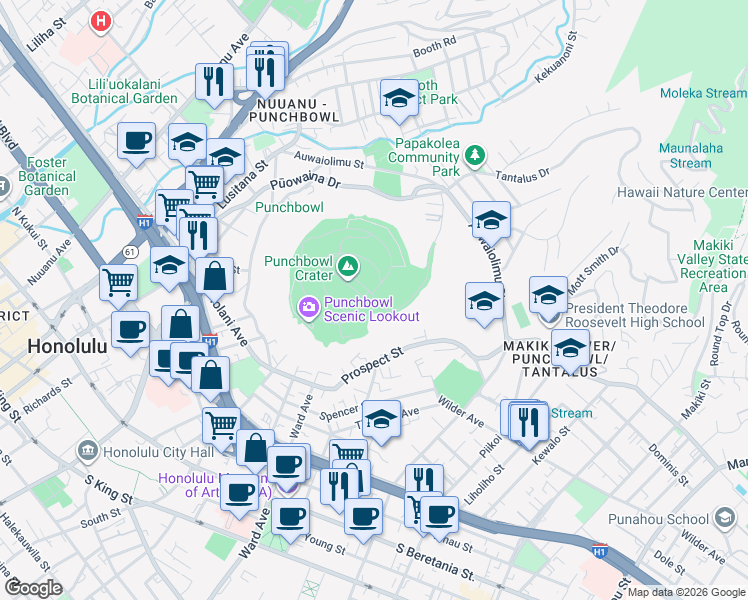 map of restaurants, bars, coffee shops, grocery stores, and more near 2198 Puowaina Dr in Honolulu