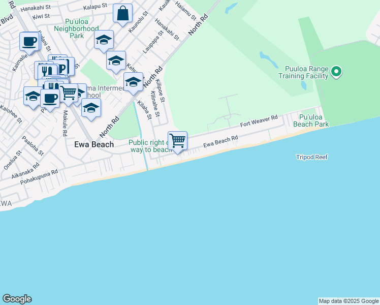 map of restaurants, bars, coffee shops, grocery stores, and more near 91-419A Ewa Beach Road in Ewa Beach