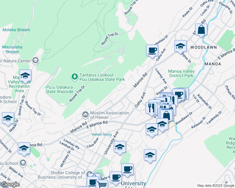 map of restaurants, bars, coffee shops, grocery stores, and more near 2803 Puuhonua Street in Honolulu