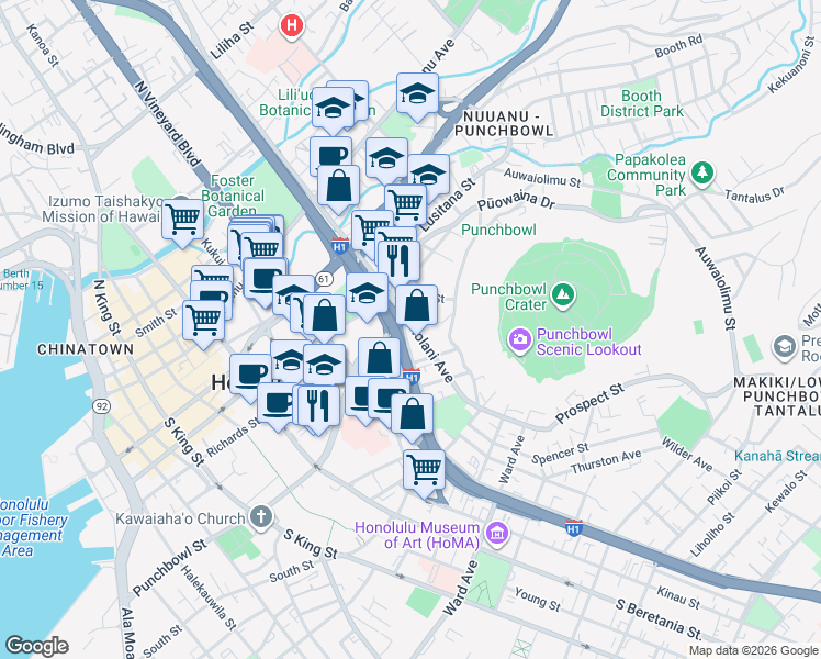 map of restaurants, bars, coffee shops, grocery stores, and more near 245 Iolani Avenue in Honolulu