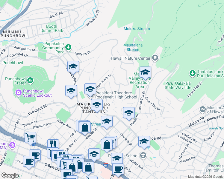 map of restaurants, bars, coffee shops, grocery stores, and more near 2094 Mauna Place in Honolulu