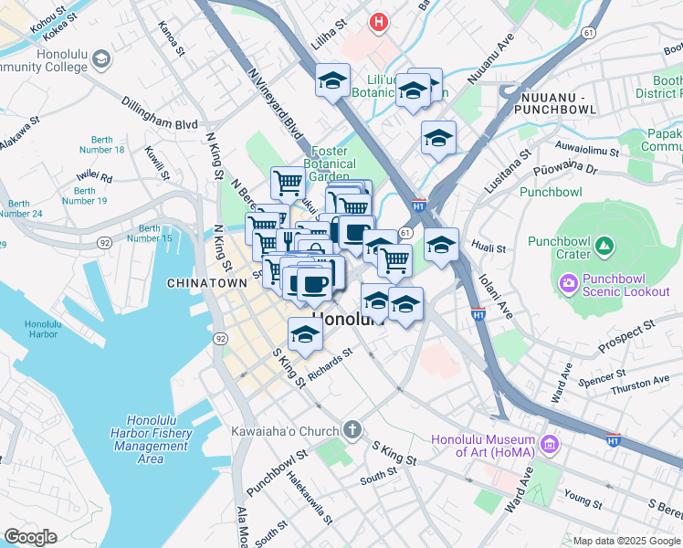 map of restaurants, bars, coffee shops, grocery stores, and more near 55 South Kukui Street in Honolulu