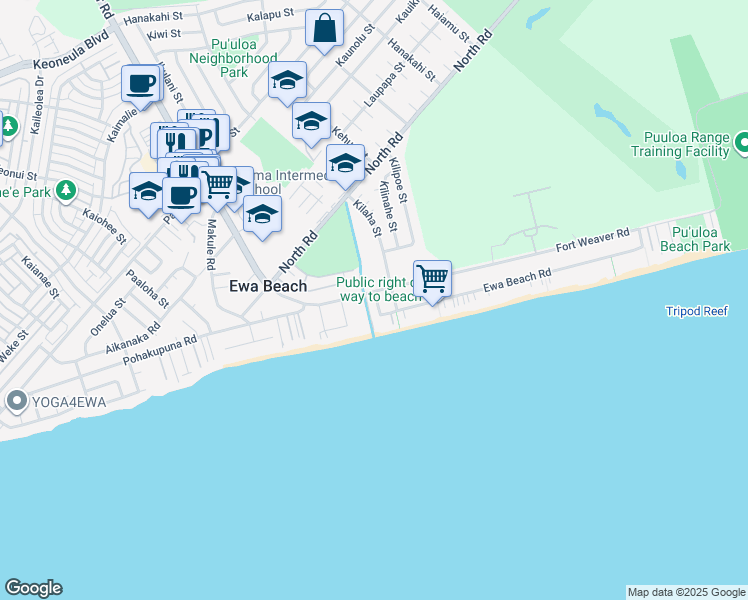 map of restaurants, bars, coffee shops, grocery stores, and more near 91-525 Fort Weaver Road in Ewa Beach