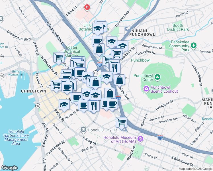 map of restaurants, bars, coffee shops, grocery stores, and more near 1447 Queen Emma Street in Honolulu