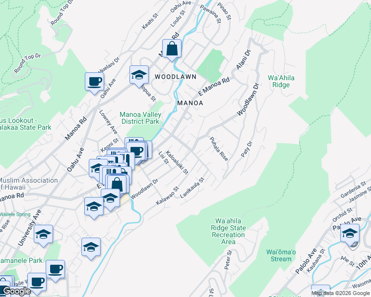 map of restaurants, bars, coffee shops, grocery stores, and more near 2955 Kahaloa Drive in Honolulu