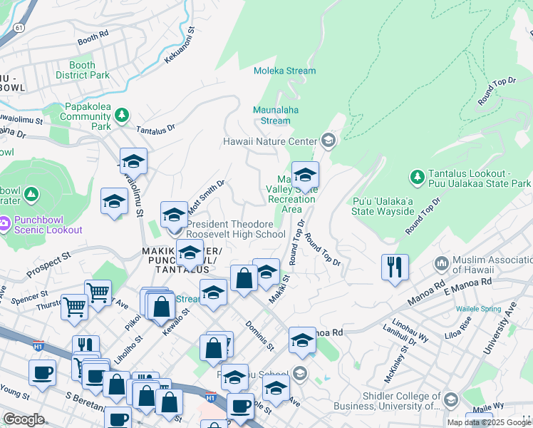 map of restaurants, bars, coffee shops, grocery stores, and more near 2447 Makiki Heights Drive in Honolulu
