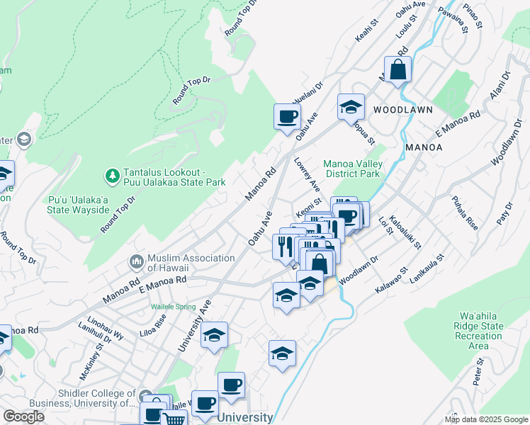 map of restaurants, bars, coffee shops, grocery stores, and more near 2868 Oahu Avenue in Honolulu