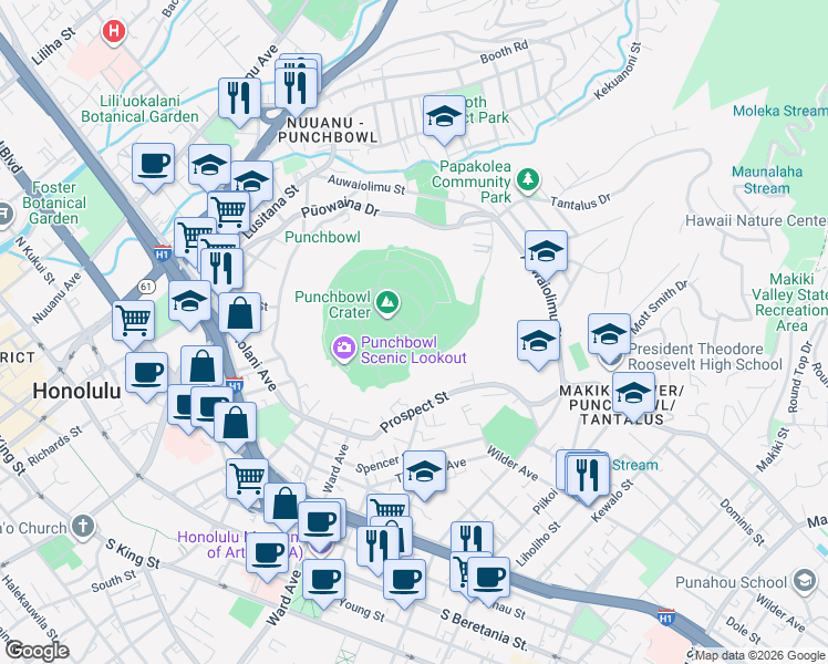 map of restaurants, bars, coffee shops, grocery stores, and more near Outer Drive in Honolulu