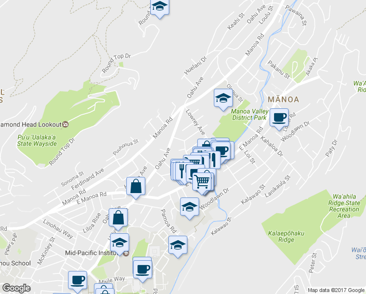 map of restaurants, bars, coffee shops, grocery stores, and more near 2617 Huapala Street in Honolulu