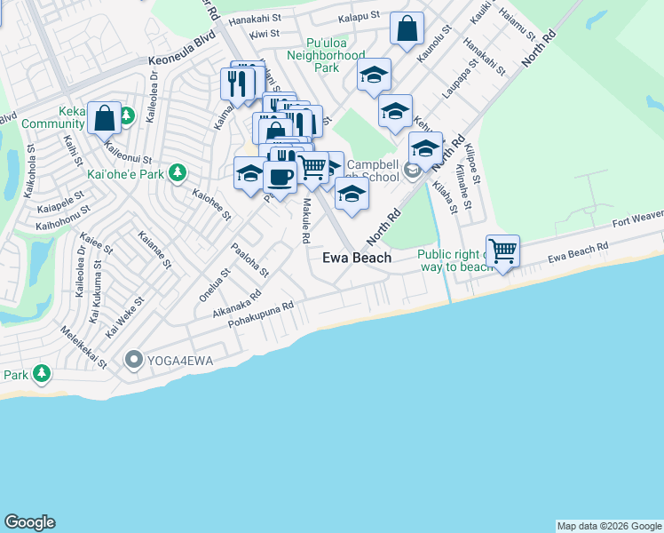 map of restaurants, bars, coffee shops, grocery stores, and more near 91-820 Moneha Place in Ewa Beach
