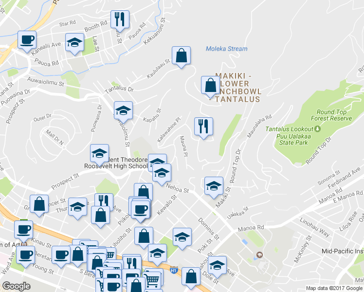 map of restaurants, bars, coffee shops, grocery stores, and more near 2094 Mauna Place in Honolulu