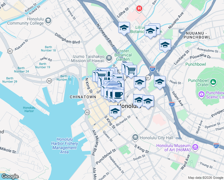 map of restaurants, bars, coffee shops, grocery stores, and more near 15 South Beretania Street in Honolulu
