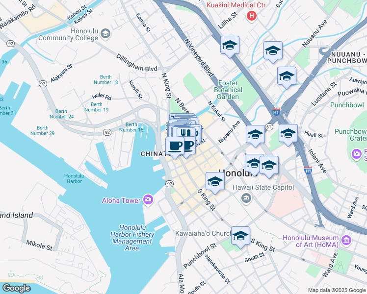 map of restaurants, bars, coffee shops, grocery stores, and more near 1041 Maunakea Street in Honolulu