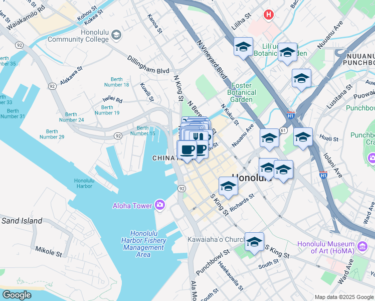 map of restaurants, bars, coffee shops, grocery stores, and more near 102 North King Street in Honolulu