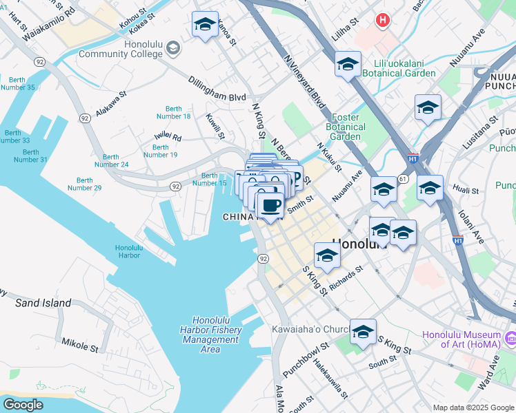 map of restaurants, bars, coffee shops, grocery stores, and more near 915 Kekaulike Street in Honolulu
