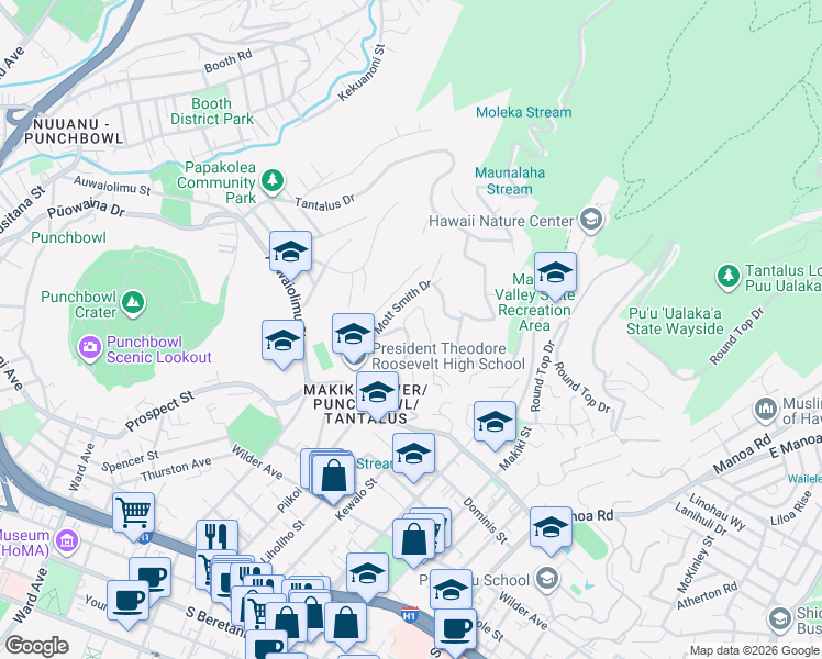 map of restaurants, bars, coffee shops, grocery stores, and more near 2094 Mauna Place in Honolulu