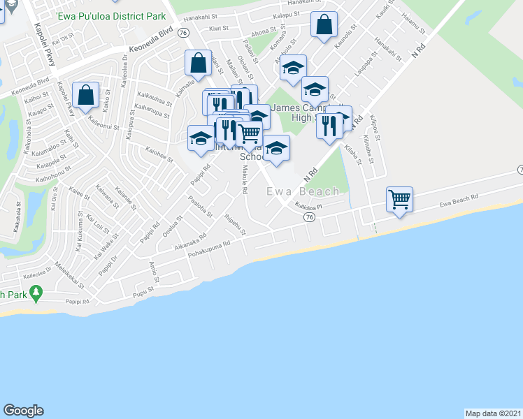 map of restaurants, bars, coffee shops, grocery stores, and more near 91-820 Moneha Place in Ewa Beach