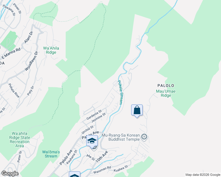 map of restaurants, bars, coffee shops, grocery stores, and more near 2646 Myrtle Street in Honolulu