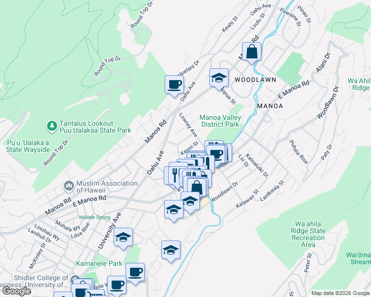 map of restaurants, bars, coffee shops, grocery stores, and more near 2617 Huapala Street in Honolulu