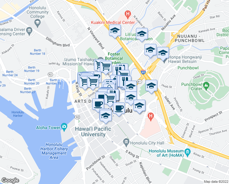 map of restaurants, bars, coffee shops, grocery stores, and more near 55 South Kukui Street in Honolulu