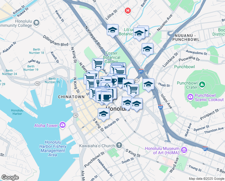 map of restaurants, bars, coffee shops, grocery stores, and more near 55 South Kukui Street in Honolulu