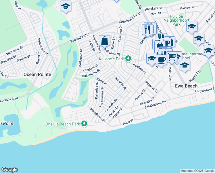 map of restaurants, bars, coffee shops, grocery stores, and more near 91-1120 Kaiee Street in Ewa Beach