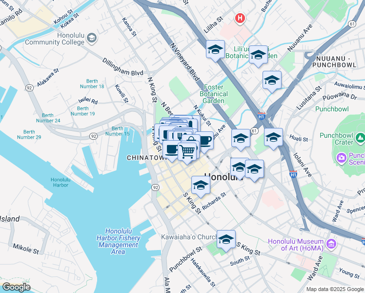 map of restaurants, bars, coffee shops, grocery stores, and more near 64 North Pauahi Street in Honolulu