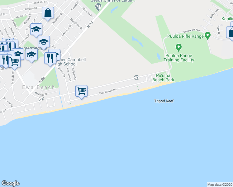 map of restaurants, bars, coffee shops, grocery stores, and more near 91-281 Ewa Beach Road in Ewa Beach