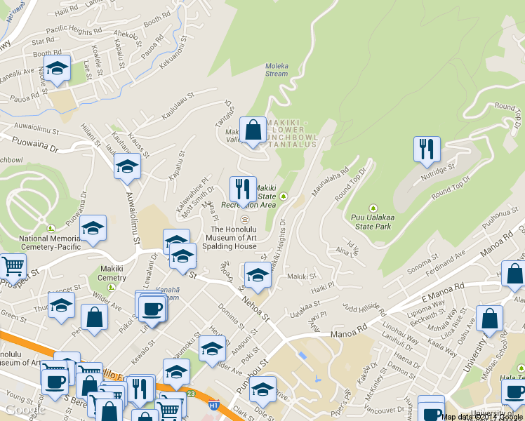 map of restaurants, bars, coffee shops, grocery stores, and more near 2447 Makiki Heights Drive in Honolulu