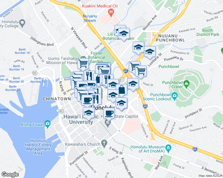 map of restaurants, bars, coffee shops, grocery stores, and more near 1302 Queen Emma Street in Honolulu