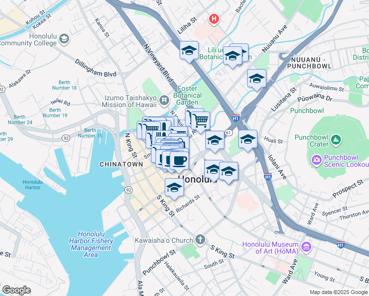 map of restaurants, bars, coffee shops, grocery stores, and more near 15 South Beretania Street in Honolulu