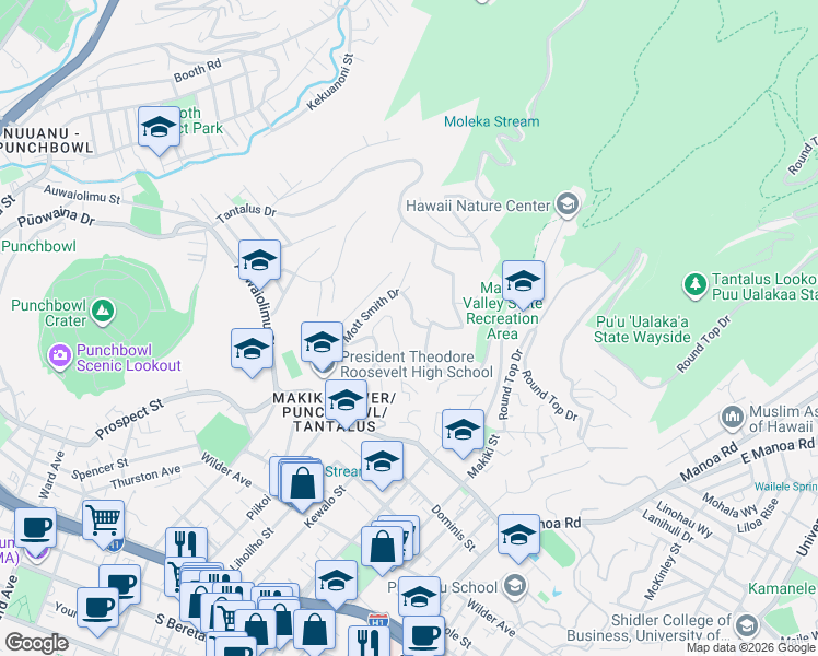 map of restaurants, bars, coffee shops, grocery stores, and more near 2094 Mauna Place in Honolulu
