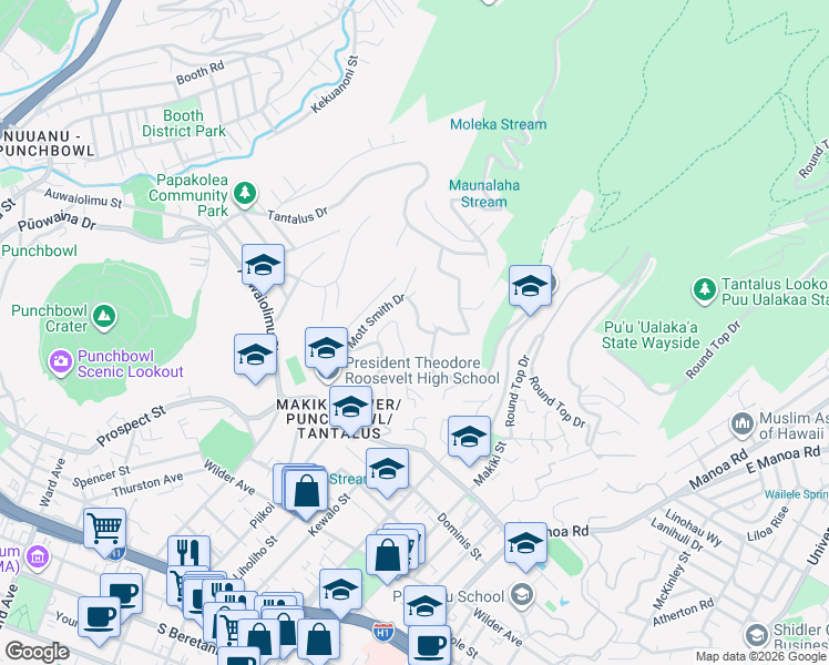 map of restaurants, bars, coffee shops, grocery stores, and more near 2094 Mauna Place in Honolulu