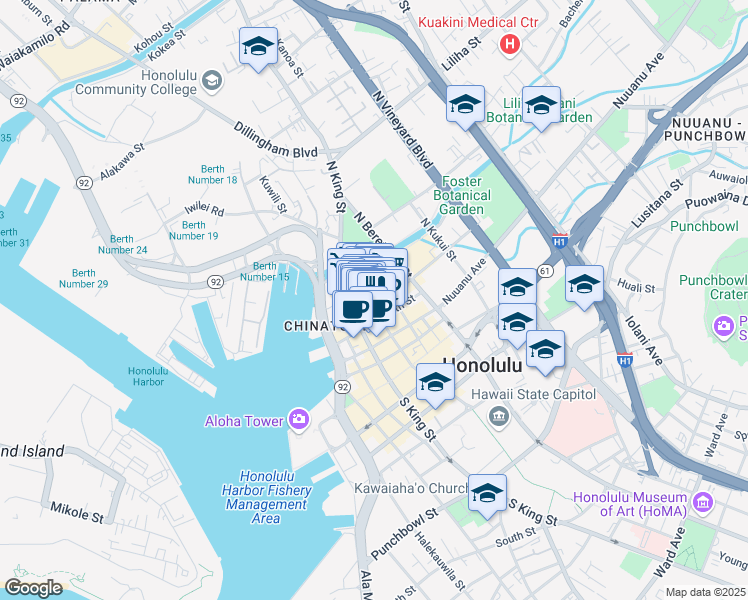 map of restaurants, bars, coffee shops, grocery stores, and more near 1041 Maunakea Street in Honolulu