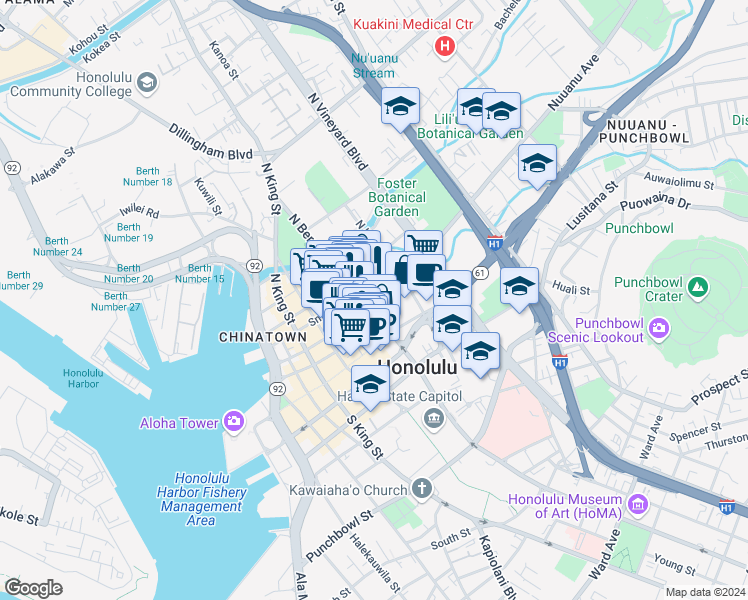 map of restaurants, bars, coffee shops, grocery stores, and more near 15 South Beretania Street in Honolulu