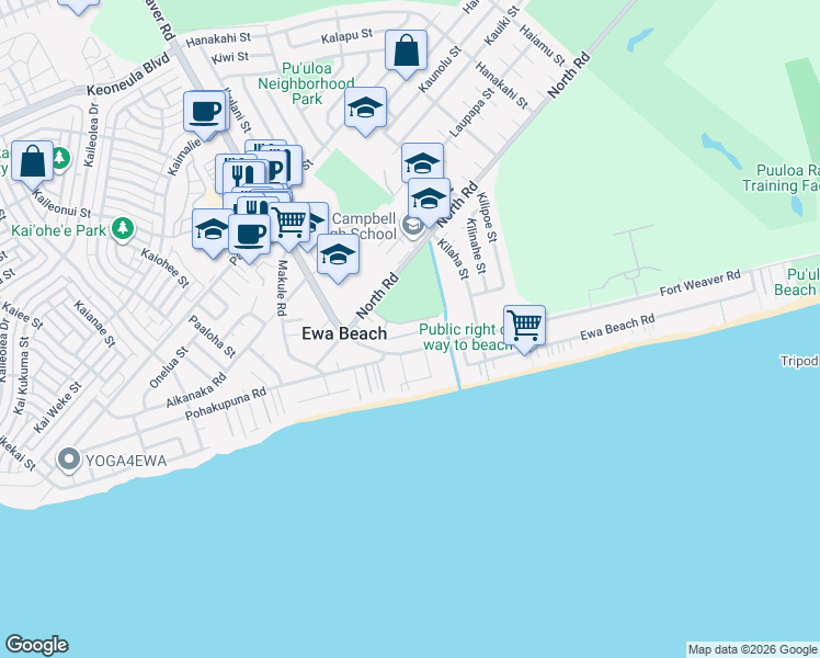map of restaurants, bars, coffee shops, grocery stores, and more near in Ewa Beach