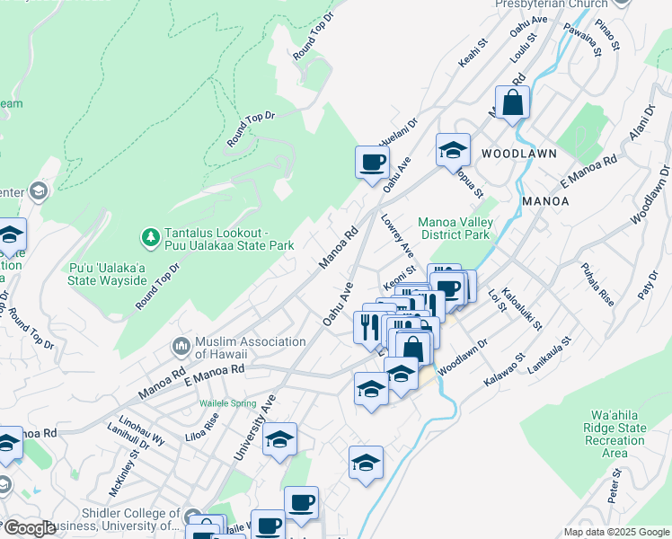 map of restaurants, bars, coffee shops, grocery stores, and more near 2868 Oahu Avenue in Honolulu