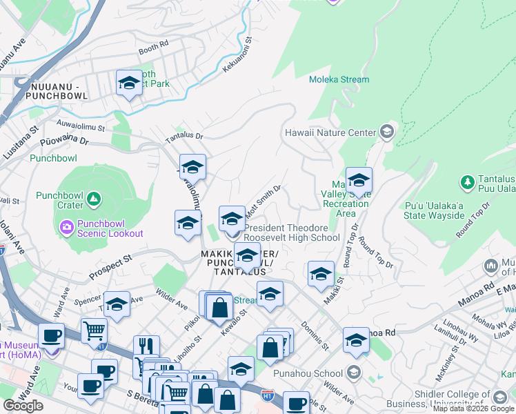 map of restaurants, bars, coffee shops, grocery stores, and more near 1948 Mott Smith Drive in Honolulu