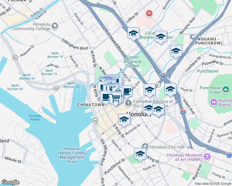 map of restaurants, bars, coffee shops, grocery stores, and more near 8 North Pauahi Street in Honolulu