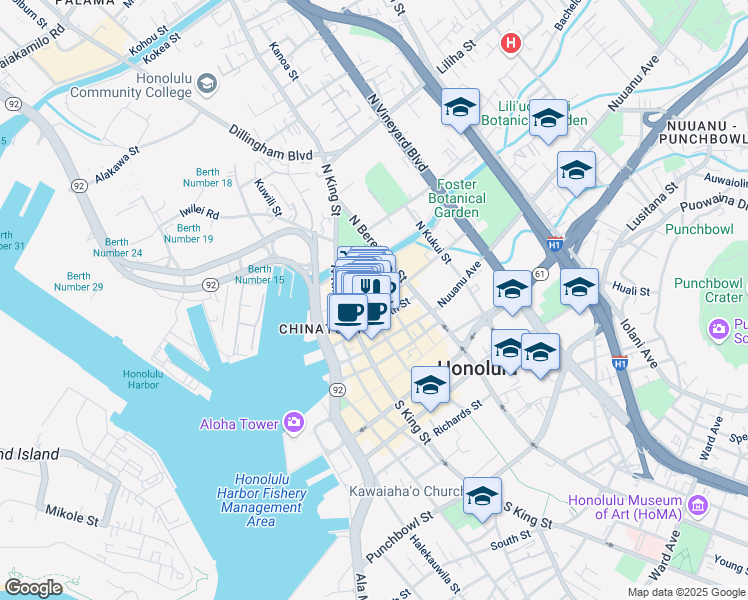 map of restaurants, bars, coffee shops, grocery stores, and more near 1041 Maunakea Street in Honolulu