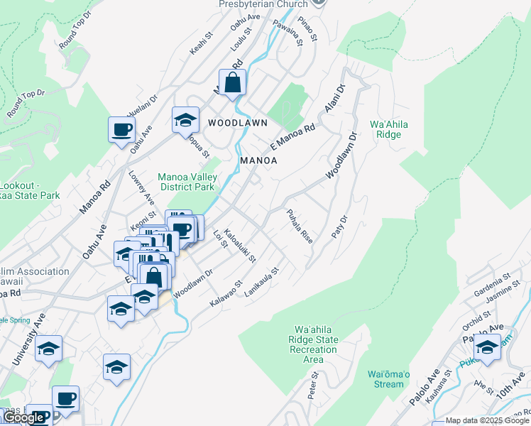 map of restaurants, bars, coffee shops, grocery stores, and more near 3012 Kahaloa Drive in Honolulu